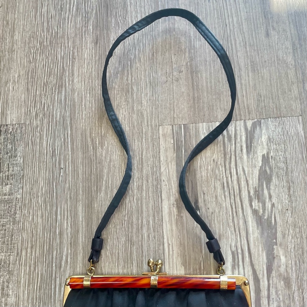 Vintage 60s Ande Black Satin Evening Bag + Tortoise Shell Style Clasp Purse - Picture 4 of 16